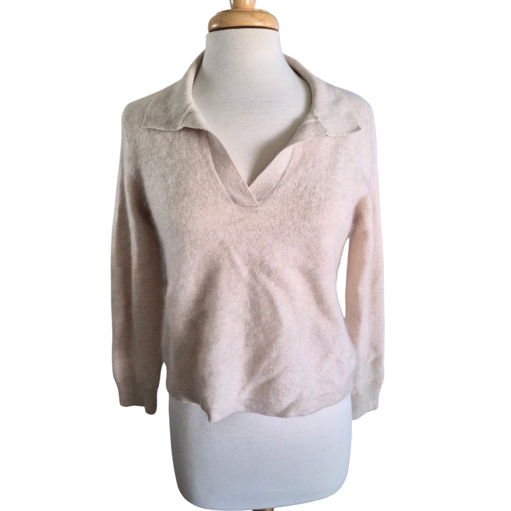 J.McLaughlin Womens 100% Cashmere Polo Sweater Beige Oatmeal V-Neck Large